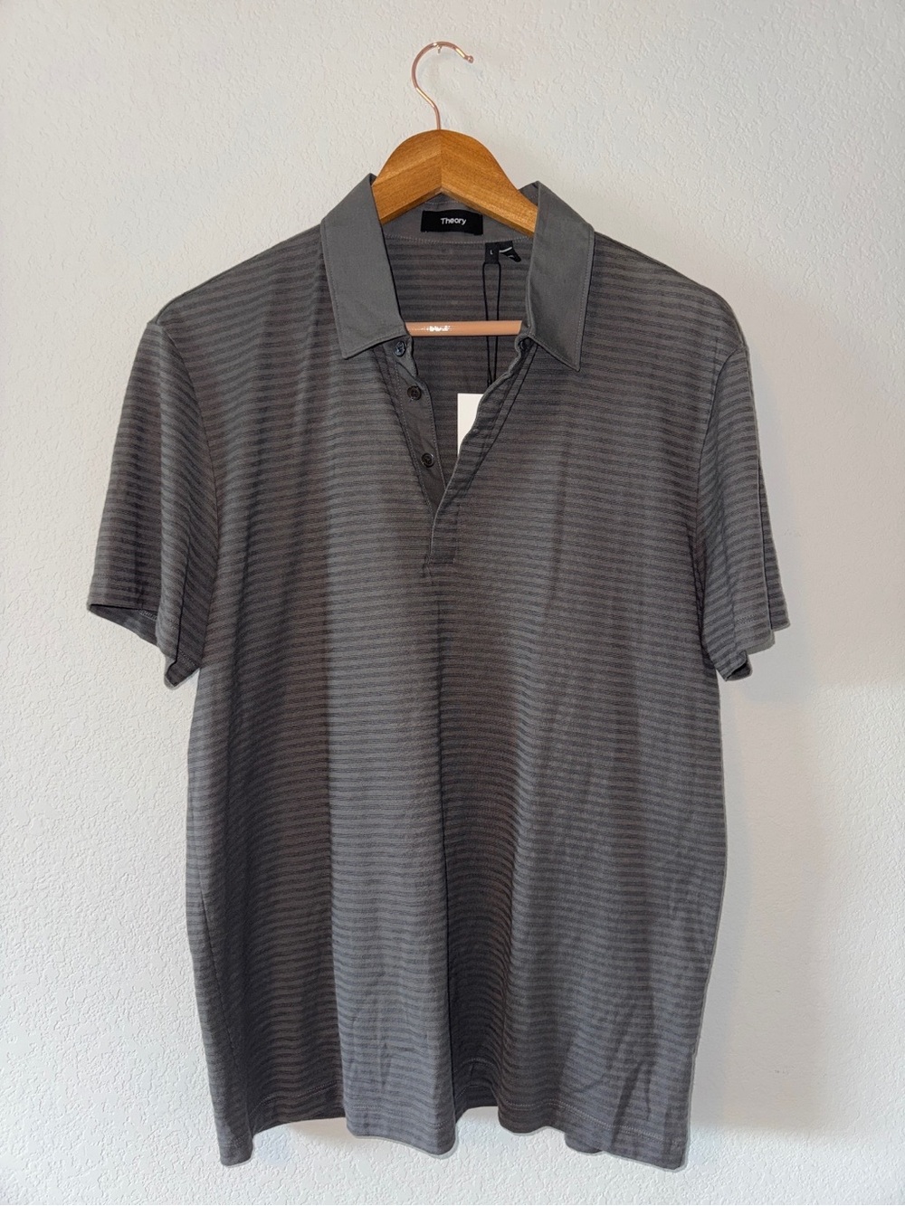 NWT Large Theory Men’s Claude NB Charcoal Gray Striped Polo Shirt